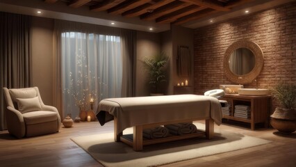 Inviting Spa Sanctuary: Warmly Lit Massage Room with Wood Beams, Brick Wall, and Relaxing Ambiance