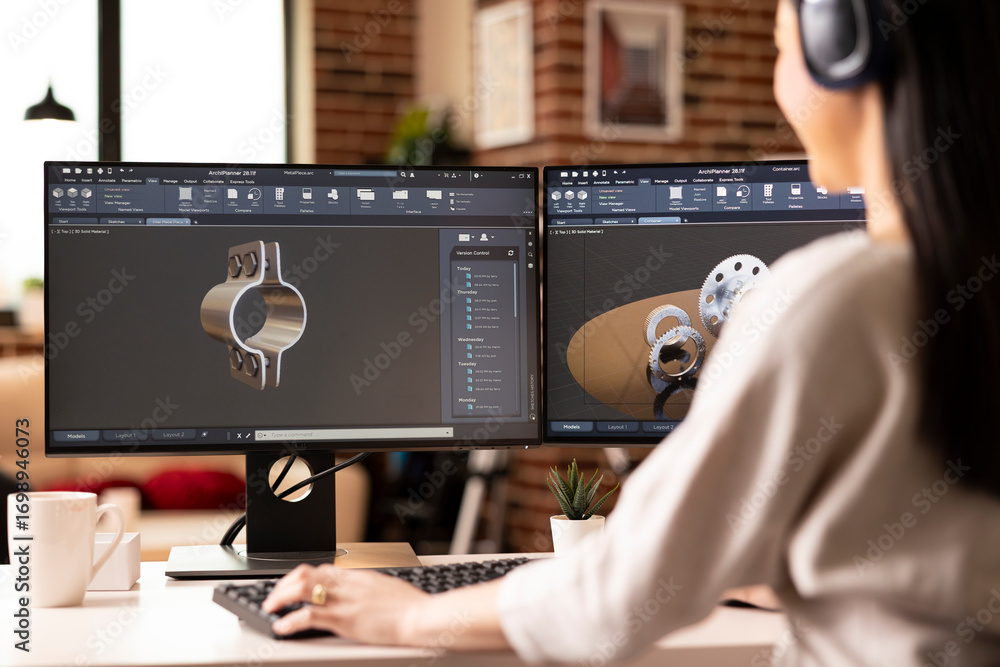 Poster close up of female engineer with headphones, designing metal prototype using cad software on dual mo