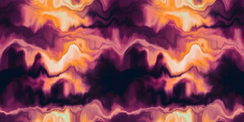 Moody ombre blur tie dye effect seamless border pattern. Wavy liquid paint flow banner edging background in bold hippy style. Striped wash tape textur for continuous design. © Limolida Studio