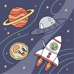 Cute Cartoon Planets Spaceships and Rocket in Space.