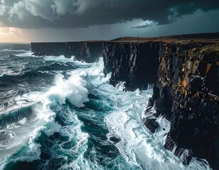 Dramatic coastal waves crashing against cliffs