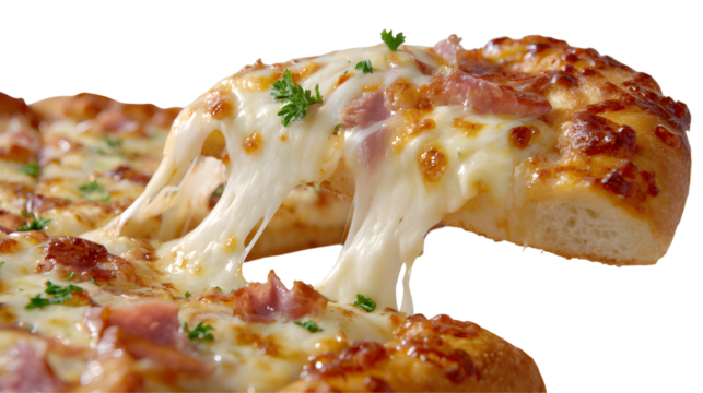 Lifting a slice of Ham and Cheese Pizza, creating a spectacular, gooey cheese pull. This thick-crust pizza is the ultimate comfort food. Action shot.