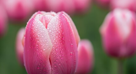 Fototapeta premium Close-up of pink tulip with dew drops in a lush garden setting