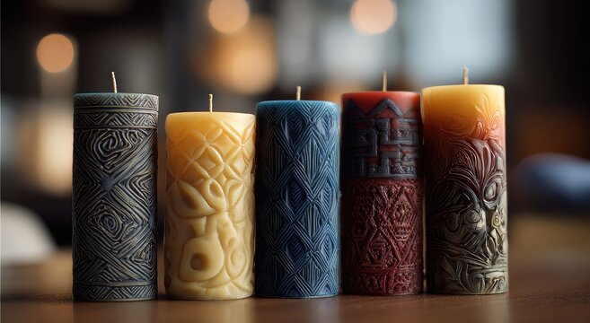 Five cylindrical candles, each with intricate, carved patterns, are displayed on a wooden surface.  Warm lighting and soft focus create a cozy ambiance