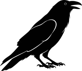 Elegant black silhouette of a raven, ideal for Halloween themes, gothic art, mystery designs, and nature-inspired projects. Great for posters, t-shirts, and digital graphics.