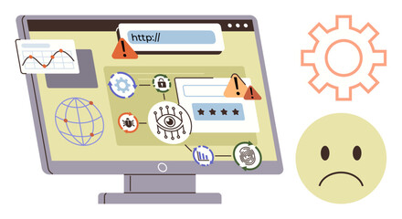 Computer screen with warning icons, bugs, and viruses highlighting internet risks. Ideal for online safety, cybersecurity, threat analysis, data protection, IT issues, hacking awareness simple flat