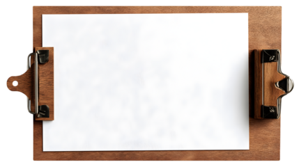 Unique horizontal wooden clipboard with two vintage metal side clips holding blank textured paper.