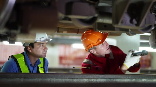 Engineers for electric trains After detecting difficulties with the electric train's machinery use searchlights to locate and check damaged sections. In the electric train repair shop