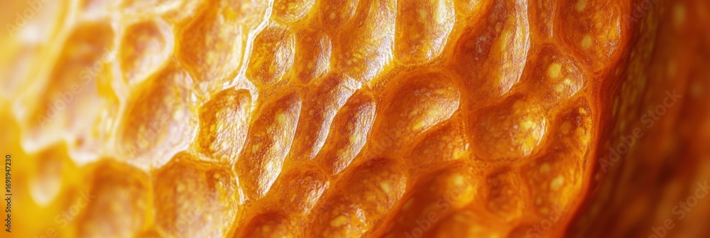 Poster close-up view of natural honeycomb showcasing intricate hexagonal patterns and rich golden color in 
