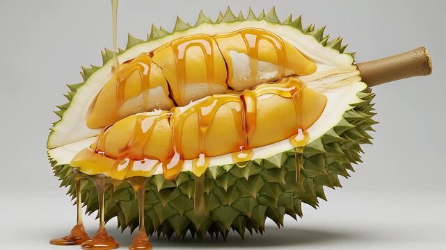 Close-up of durian fruit with dripping syrup or honey	