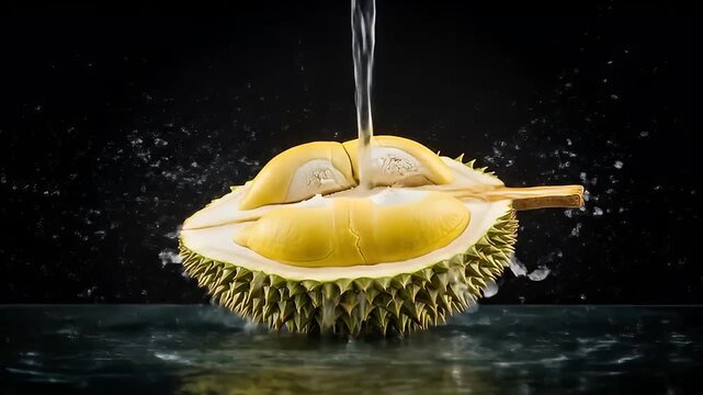Close-up of an opened durian fruit with water droplets	