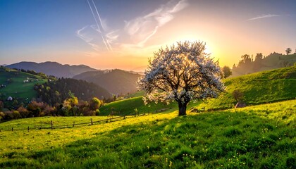 Sunrise over blossoming orchard
