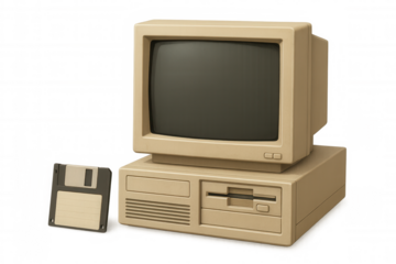 Retro beige personal computer featuring floppy disk drive and media, capturing vintage computing era against transparent background