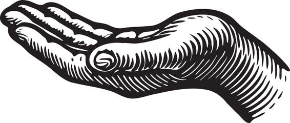 Black and white linocut etching illustration of a hand holding a pen writing gesture engraving retro vector