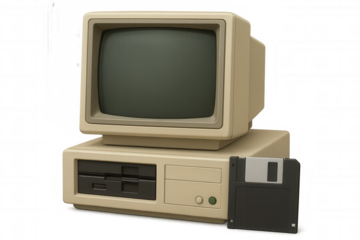 Beige vintage personal computer with floppy disk next to it, isolated on transparent background, representing obsolete technology