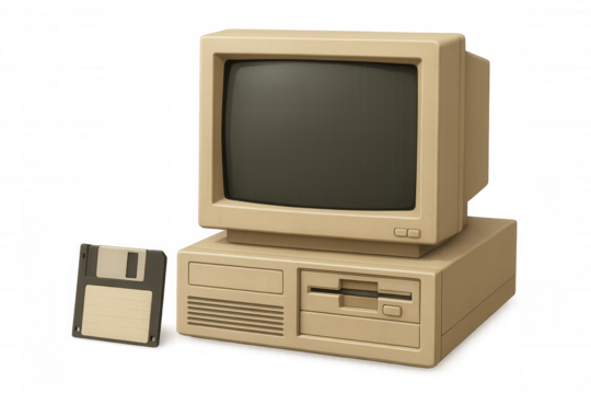 Retro beige personal computer featuring floppy disk drive and media, capturing vintage computing era against transparent background