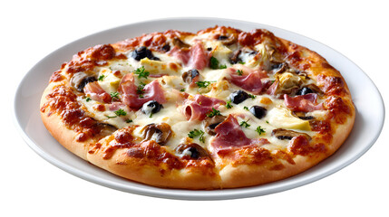 Classic Pizza Capricciosa on a plate. This traditional Italian pizza is topped with ham, mushrooms, artichokes, olives, and mozzarella cheese.