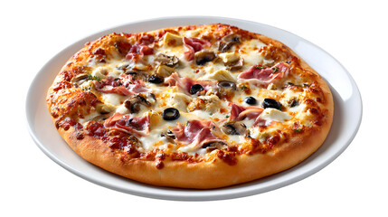 Classic Pizza Capricciosa on a plate. This traditional Italian pizza is topped with ham, mushrooms, artichokes, olives, and mozzarella cheese.