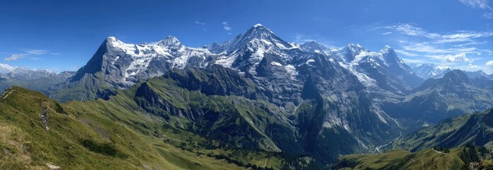 Panoramic view of the Swiss Alps.  Vast mountain range with snow-capped peaks and green valleys.  Clear blue sky