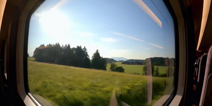 View from a train window of green fields and trees under a blue sky.
