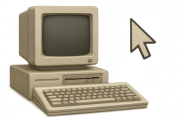 Aged beige desktop computer with hovering computer mouse cursor, isolated on transparent backdrop