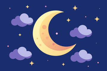 Naklejka premium A seamless vector illustration of a dark night sky with a sleeping cartoon moon and stars