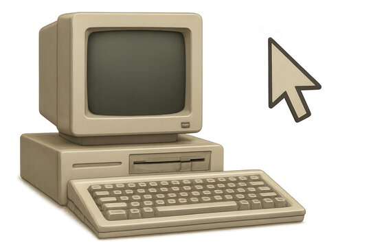 Aged beige desktop computer with hovering computer mouse cursor, isolated on transparent backdrop
