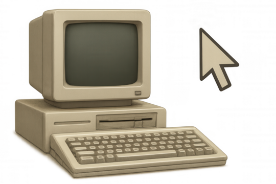 Aged beige desktop computer with hovering computer mouse cursor, isolated on transparent backdrop
