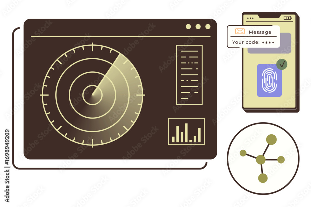 Poster radar screen with tracking interface, phone with secure login messages and fingerprint verification,