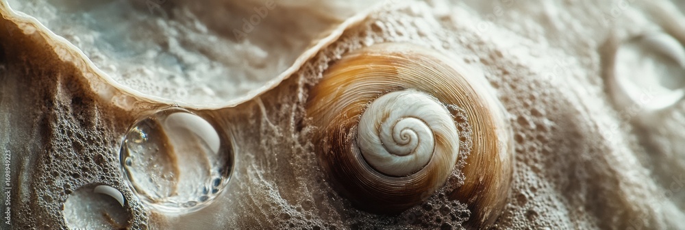 Poster close-up of a spiral seashell resting in foam by the ocean during a sunny day showcasing intricate n