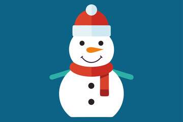 Cute vector snowman illustration wearing a red hat, holding a gift and a Christmas tree, surrounded by snowflakes