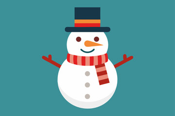 A merry snowman with a red hat and scarf celebrates the winter holiday season with a Christmas tree and a gift