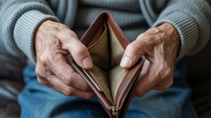 An elderly person's hands hold an empty wallet, highlighting the harsh reality of poverty and financial struggle in everyday life