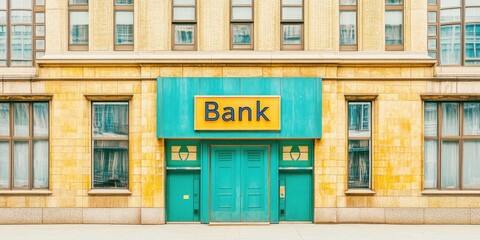 Urban bank building exterior with signage style. Finance institution in city. Financial architecture, business structure, commercial concept, retro and classic format, metropolitan office potential.