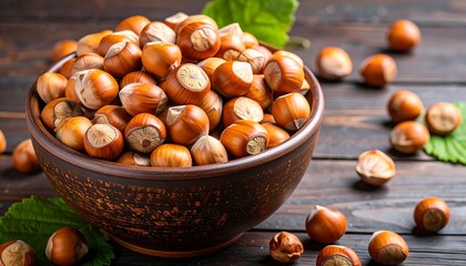 Hazelnuts in a bowl on a dark wooden table