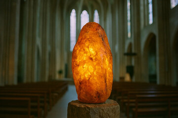 Illuminated Amber Stone Sculpture in Modern Cathedral Interior