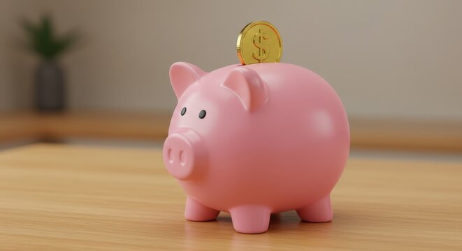 Tirelire cochon rose avec pi&egrave;ce sur une table en bois, symbole d&rsquo;&eacute;pargne, d&rsquo;investissements et de litt&eacute;ratie financi&egrave;re