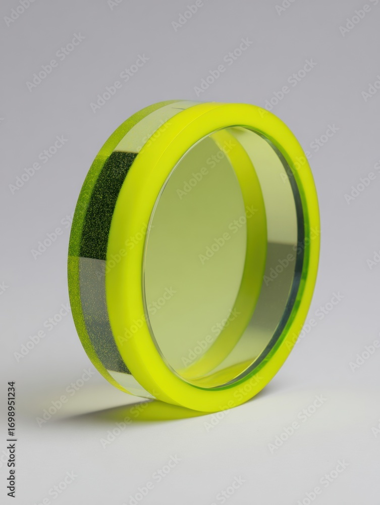 Poster unique transparent circular object with neon green border, showcasing modern design and vibrant colo