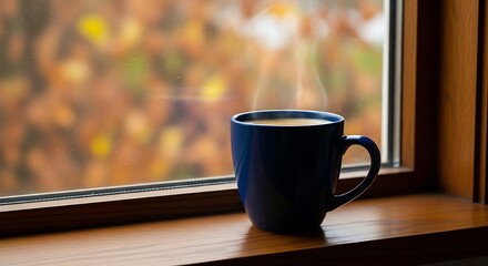 Cozy autumn morning coffee by the window