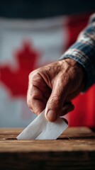 Elderly voter casting ballot during Canadian election near national flag