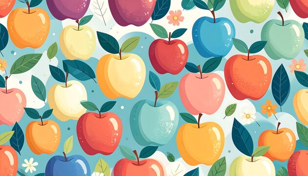 Colorful apple pattern with leaves and flowers