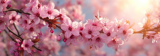 Close-up of blossoming pink flowers on branches against a soft pastel backdrop. Sunlight highlights the delicate petals