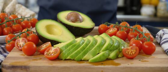 Sliced Avocados and Cherry Tomatoes on Cutting Board