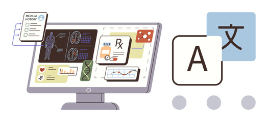 Computer screen displaying medical records, diagnostics, and language translation system. Ideal for healthcare, technology, data management, translation, education, efficiency global communication