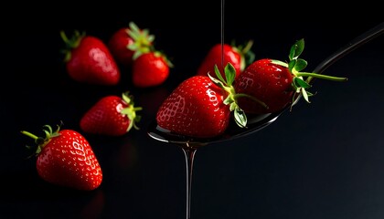 Strawberries and dark syrup on a spoon against a dark background