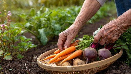 Weathered hands sorting organic root vegetables from homegrown garden, wrinkled senior farmer gently arranging freshly harvested carrots, potatoes, beetroots in wicker basket