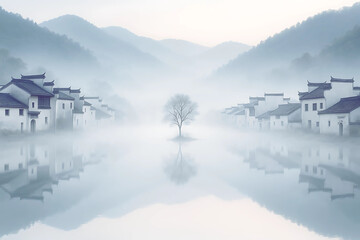 Misty Traditional Chinese Village with Reflections on Water