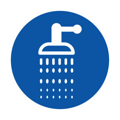 Simple Graphic of Shower Head with Water Droplets on Blue Background