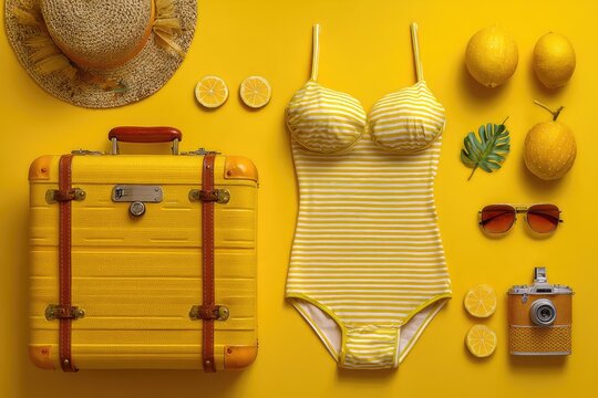 Summer vacation essentials laid out on a bright yellow background.  A vintage-style suitcase, yellow striped swimsuit, straw hat, lemons, sunglasses, and a vintage camera are arranged artfully