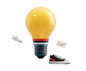 Creative Yellow Lightbulb with Red White and Black Striped Neck and Metallic Screw Base.